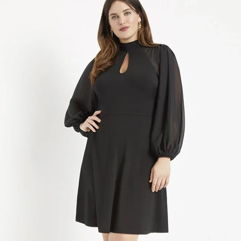 

Plus Size Mock Neck Elegant Dress Women Lantern Sleeve Fit And Flare Chiffon Dress Ladies Large Size Summer Spring Party Dress