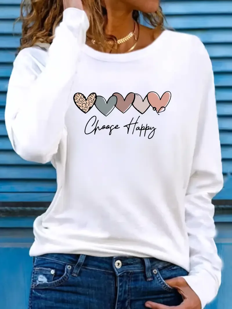 Heart Printed Shirt Funny Gothic T Shirt Women's Casual Print Long Sleeve T-Shirt Crew Neck Top Tee Tshirt