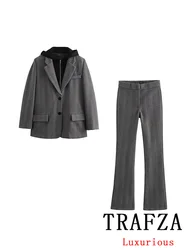 TRAFZA Vintage Office Lady Gray Suit Single Breasted Hooded Blazer Straight Pants New Fashion 2024 Autumn Winter Thick Sets