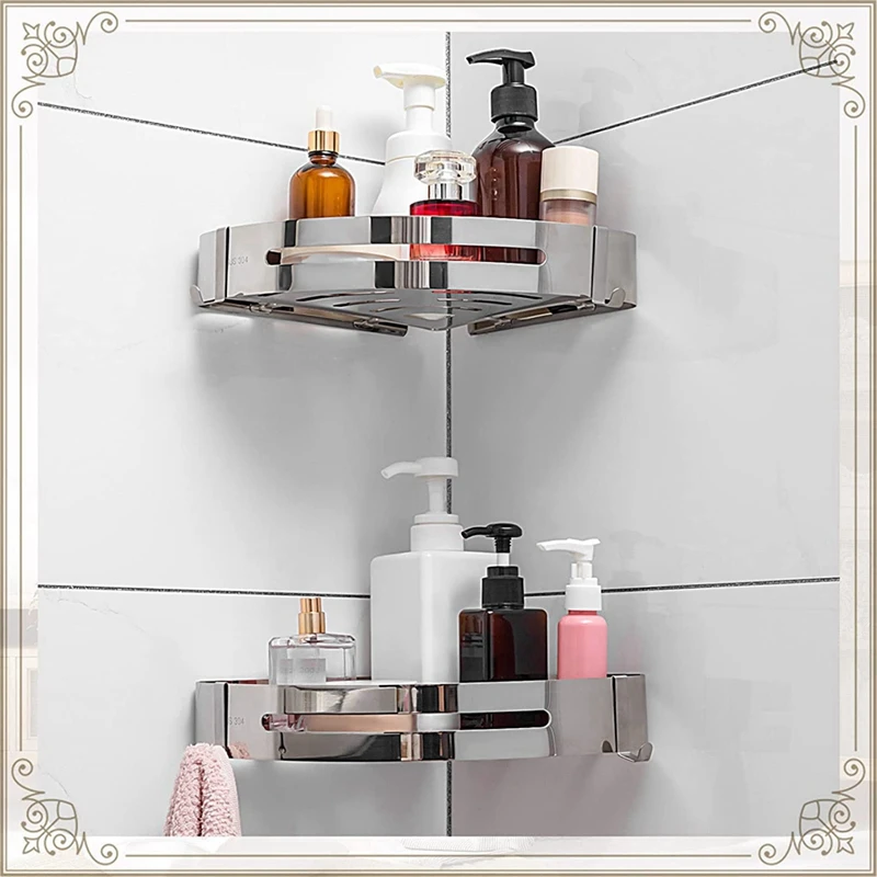 Corner Shelf 304 Stainless Steel Shelf Shower Storage Rack Aluminum Shampoo Holder Wall Mounted Organizer Hanger Bright