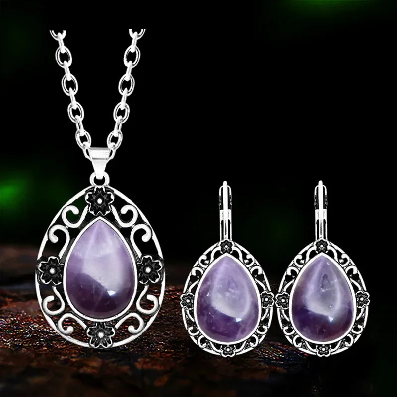 Vintage Water Drop Pendant Natural Amethysts Sets For Women Antique Silver Plated Flower Stone Necklace Earring Fashion Jewelry