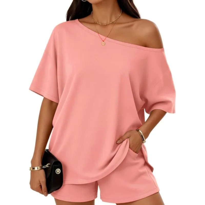 New Summer Fashion Black Casual Loose Two Piece Sets Women's Diagonal Collar Off Shoulder Short Sleeve T-shirt Tops + Shorts Set