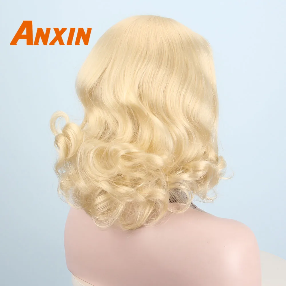 Anxin Blonde Wigs for Black Women Short Culry Hair Bangs Cosplay Festival Widow Movie Singer Theme Party Anime Synthetic Wigs