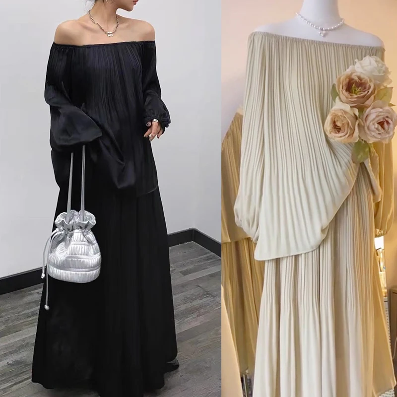 

Sweet Hot Girl Suit Women's Summer Off Shoulder Loose Pleated Long-sleeved Top A-line Skirt Two-piece Set Fashion Female Clothes