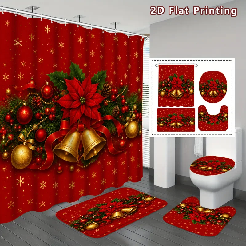 4pc 2D Flat Christmas Shower Curtain Set, Red Gold Poinsettia Bells & Snowflake Print, Non-slip Mats & Toilet Cover