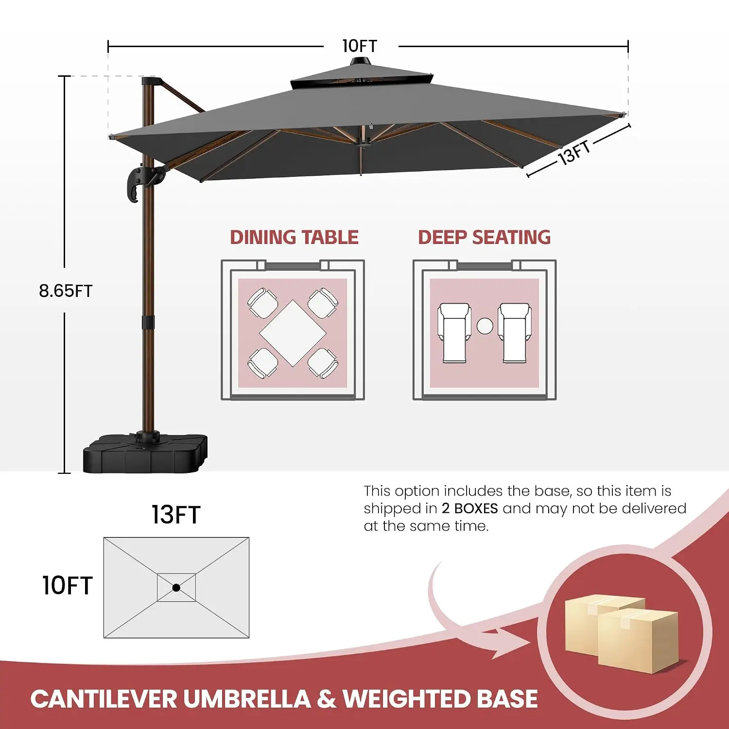 10x13FT Rectangle Cantilever Patio Umbrella w/Base Included, Deluxe Wood Pattern Pole & 7 Angle Tilts, Customized