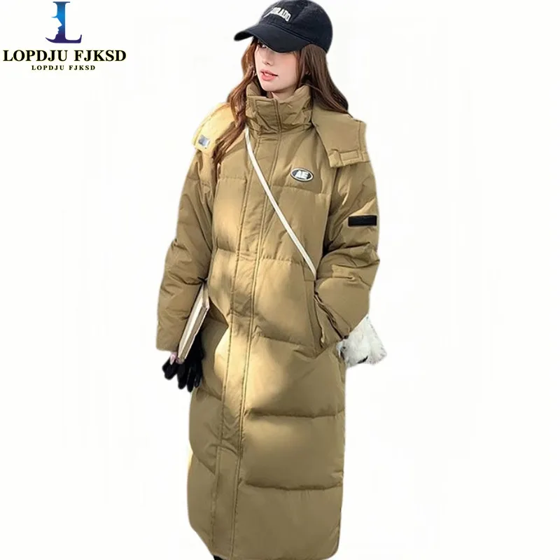 Chaqueta larga y gruesa de algodón para mujer, abrigo con capucha, ropa femenina, Corea, suelta, cremallera, nuevo, invierno, 2025