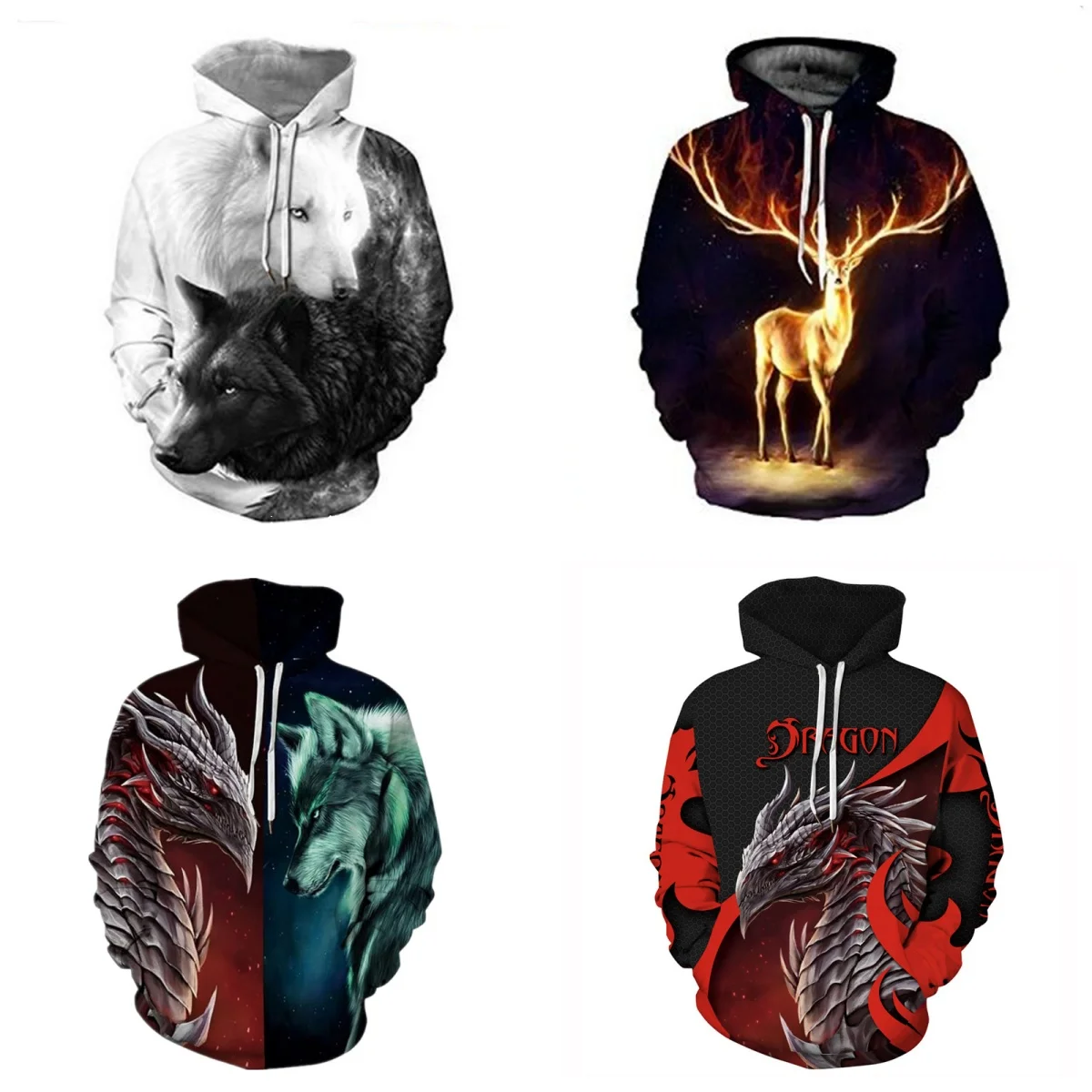 Adult Animals Dragon Wolf Deer 3D Digital Printing Hoodies Halloween Cosplay Costume Party Dress Up Sweatshirt Superhero Top