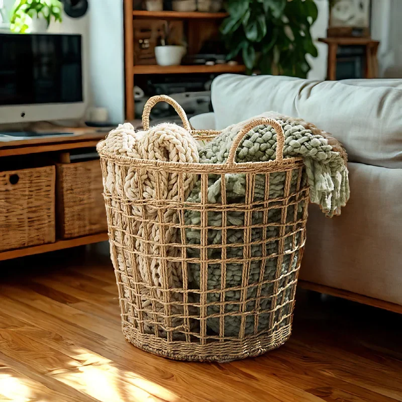Handwoven Rattan Weaving Laundry Basket Basket with Handles Open Laundry Basket Boho Storage Blankets Towels Bathroom Organizers