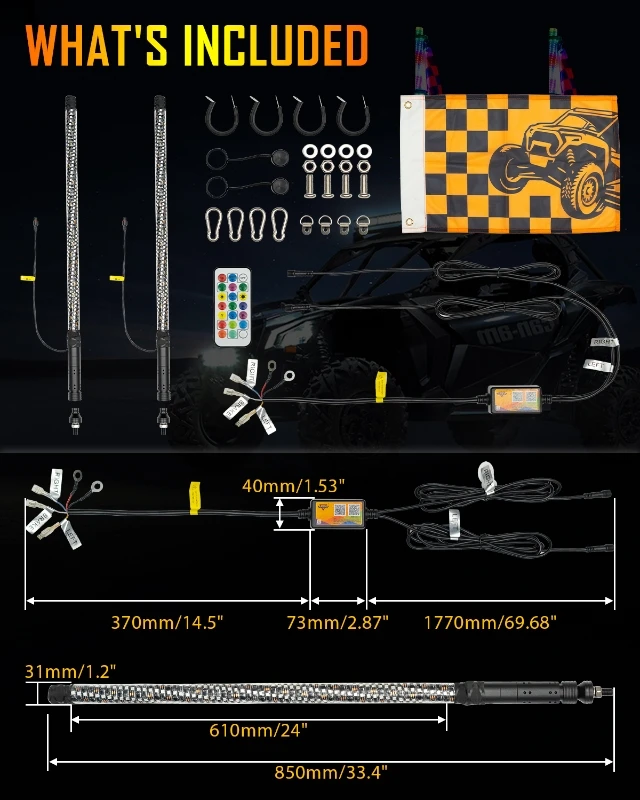 1.9/2.2/2.8/3.8FT RGB LED Whip Lights with Turn Signal&Brake Decorative Lamps Function Bluetooth App Remote Control