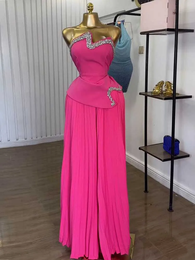 

Women Sexy French Style Outfit Diamonds Collar Strapless Top with Transparent Strap Streetwear Summer 2 Piece Pleated Pant Sets