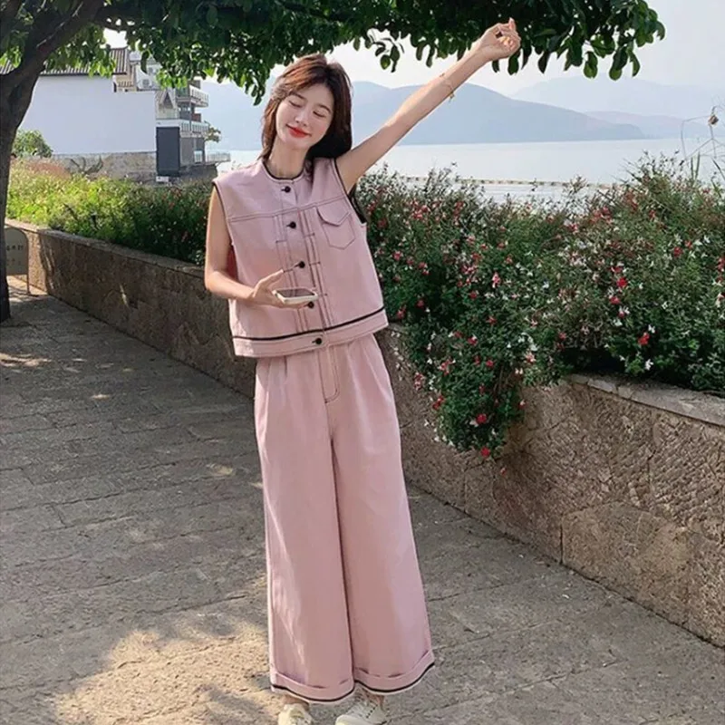 Pink high-end fashionable denim women's summer new item vest+wide leg pants two-piece set
