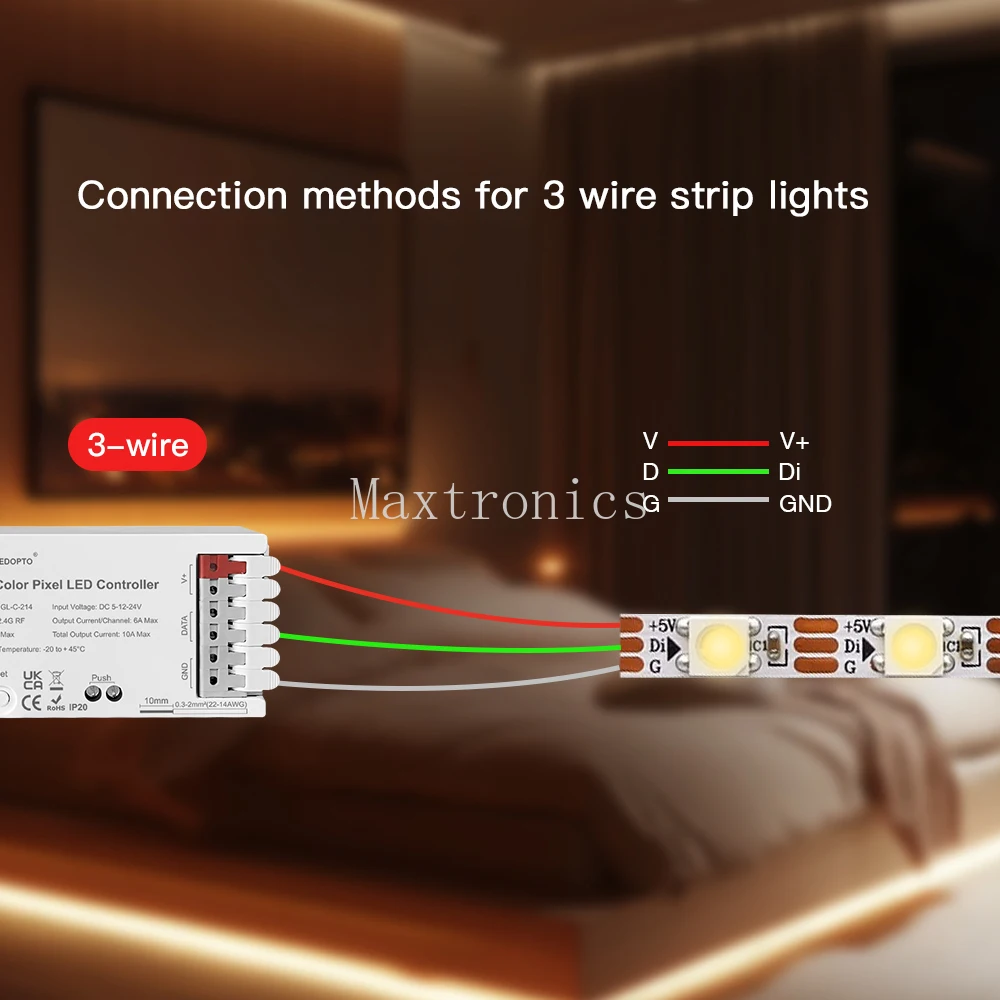 GLEDOPTO 2.4G RF LED de contrôle GL-C-214 7 Modes dynamiques 800 Pixels GL-RC-006Z télécommande 6zone pour bande LED double couleur WS2811 2812B