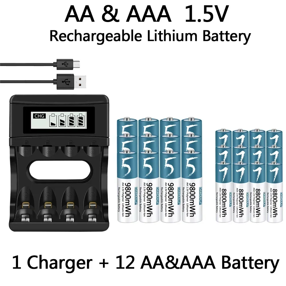 100% Genuine AA AAA Battery 1.5V Rechargeable Polymer Lithium-ion Battery 1.5V AA/AAA  Battery with USB charger