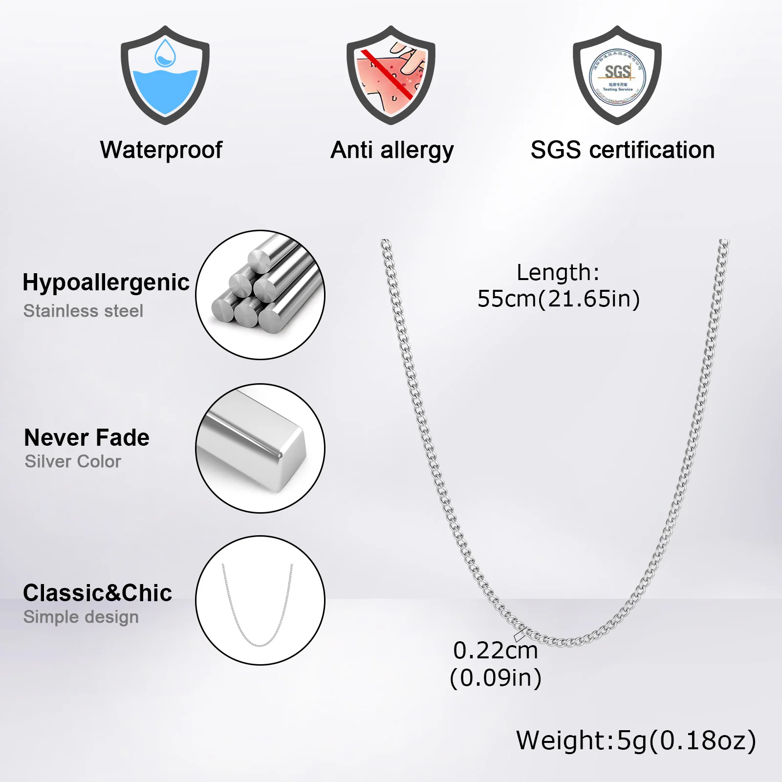Herren Einfache Kettenkette 45/50/55/60/65/70/80cm Länge Wasserdichte Edelstahl Gliederkette Hochwertige Schmuck-Halskette – Detail 8