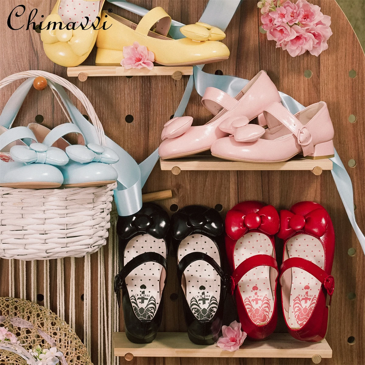 

Lolita Low Heel Cute Round Toe Bubble Bow Pumps Spring and Autumn New Sweet Girl Temperament Princess Lo Mary Jane Shoes