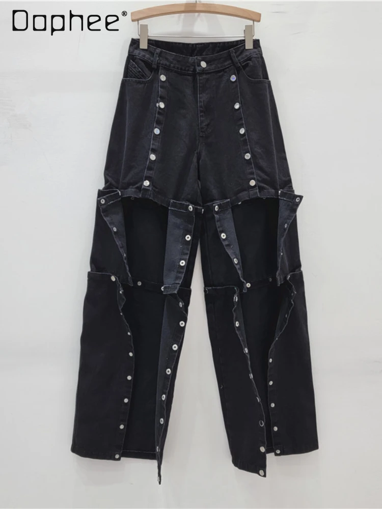

2024 Spring New Street Trend Detachable Multi-Button Design Irregular Jeans High Waist Pants Black Wide Leg Pants Women