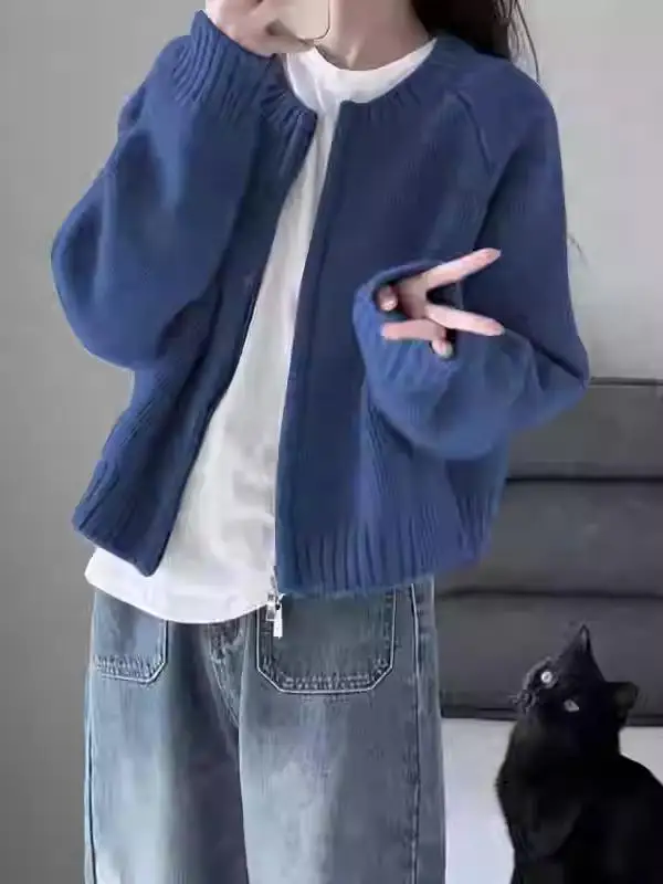 

Синий вязаный свитер на молнии Ne, женское круглое пальто свободного покроя, корейская верхняя одежда на осень и зиму для поездок на работу