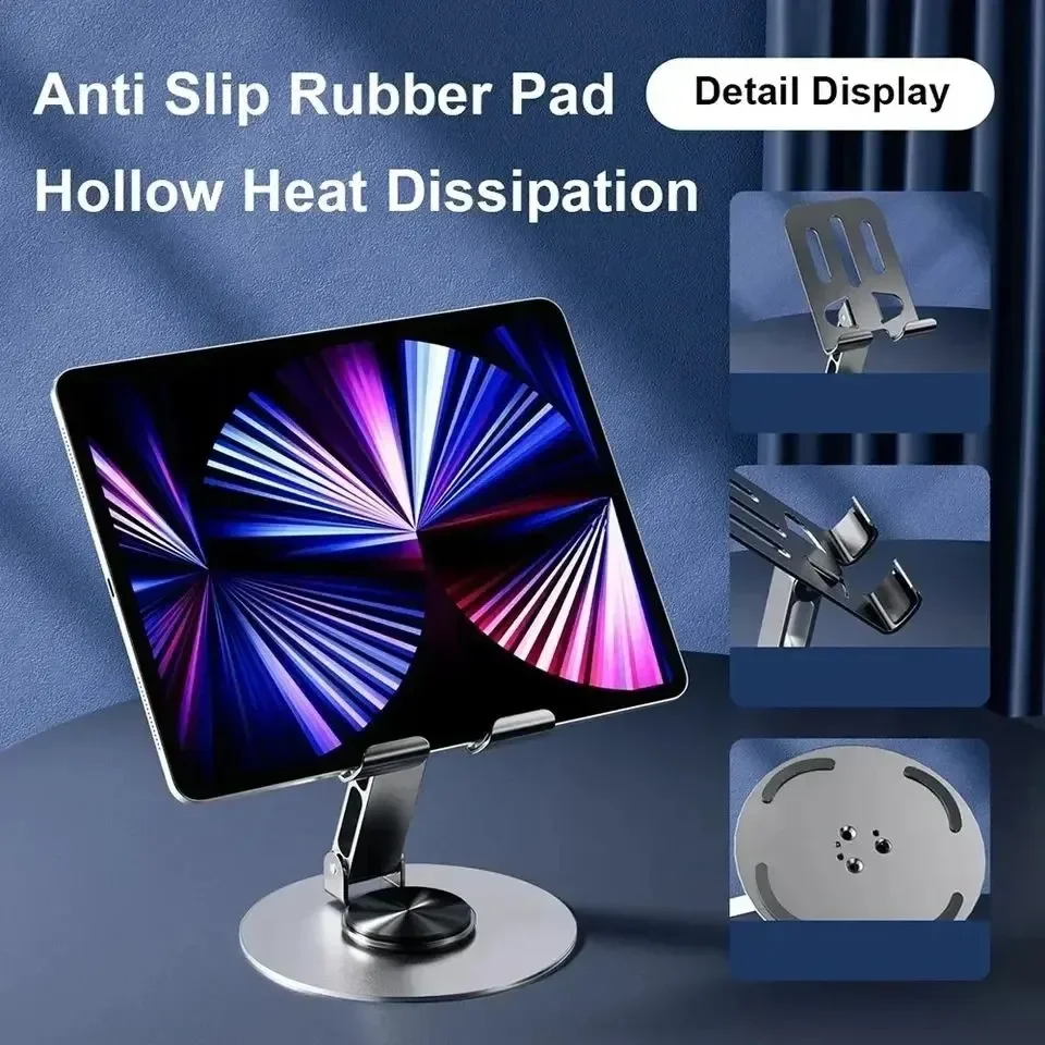 Dobrável ajustável 720 °   Suporte giratório de liga de alumínio para tablet, suporte portátil para iPad, celular, desktop, montagem ao vivo