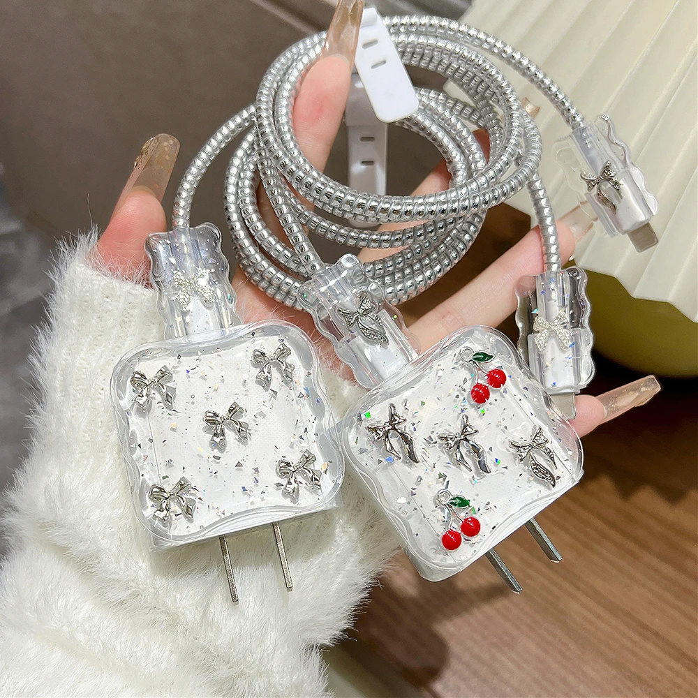 Korean 3D Bow Soft Clear Charger Protective Case For iPhone 18W 20W Cable Data Line Protector Cover Sleeve Accessories