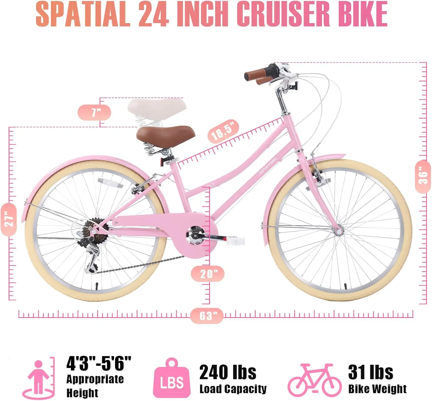 Womens Bike, 24 Inch Beach Cruiser Bike with Dual V-Brake, 6 Speed Complete Cruiser Bikes Womens Bicycle for Adults