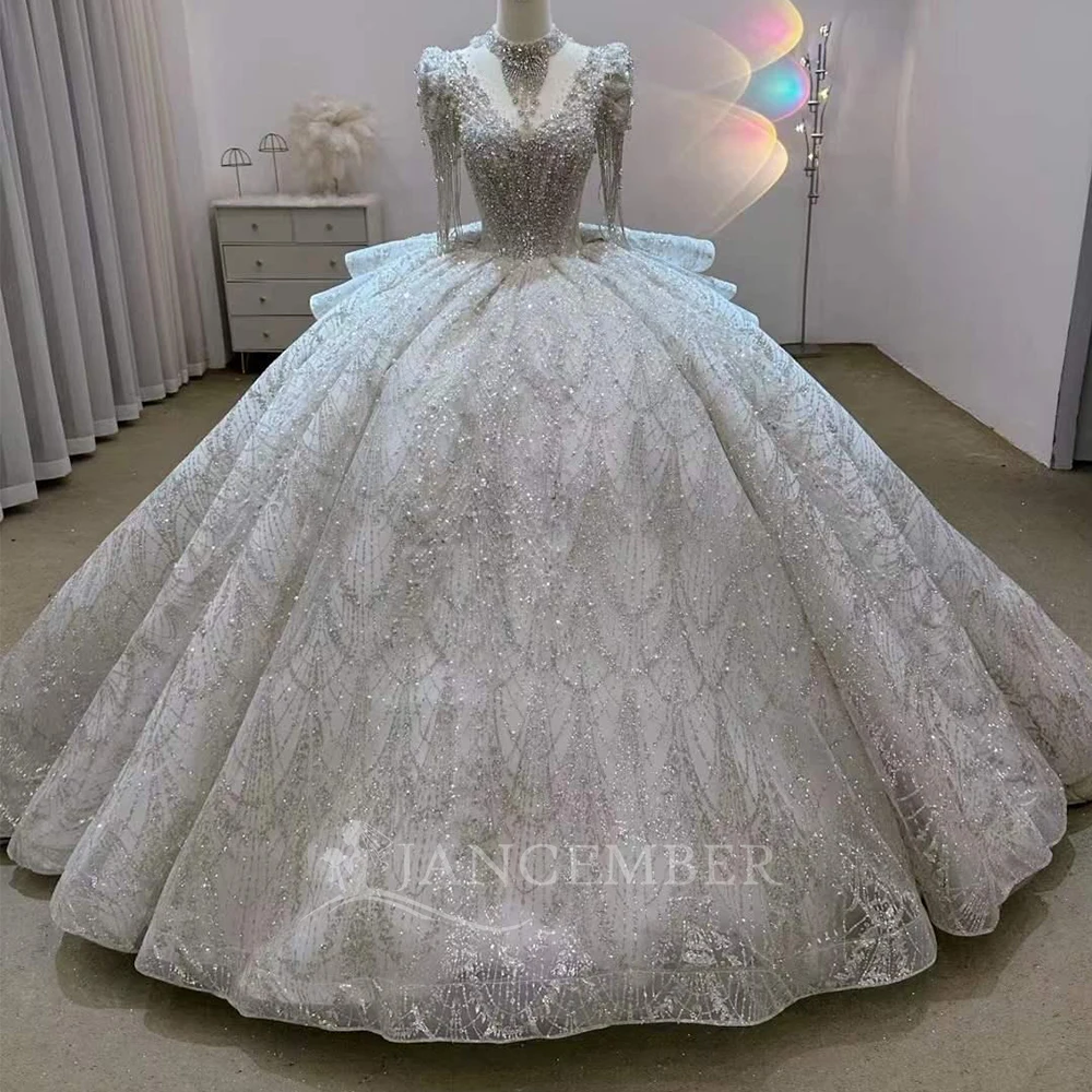 

Classic Wedding Dresses Ball Gown Organza Tassel Bridal Gowns Short Sleeves Backless Robes Vintage Vestidos De Novia Customized