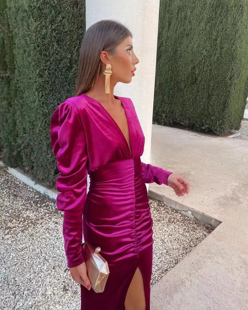 Po Velour-Robe de Rhfendue sur le devant pour femme, col en V sexy, manches longues froncées, cocktail, tenue de soirée courte, soirée