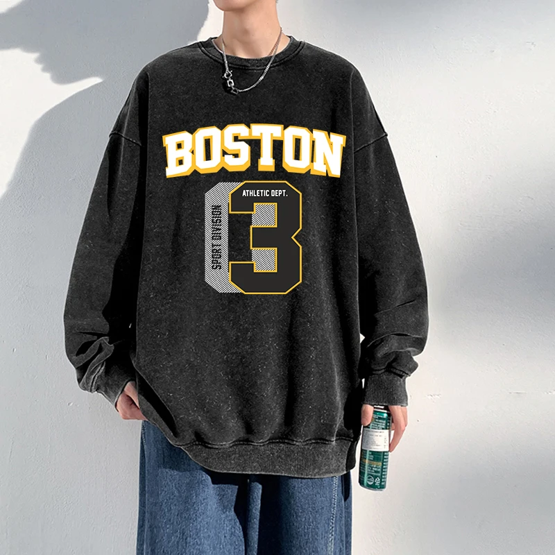 

Boston Letter Print Washed Sweatshirts Men Warm Distressed Tops Casual Cotton Sweatshirt Autumn Basic Retro Street Sportswears