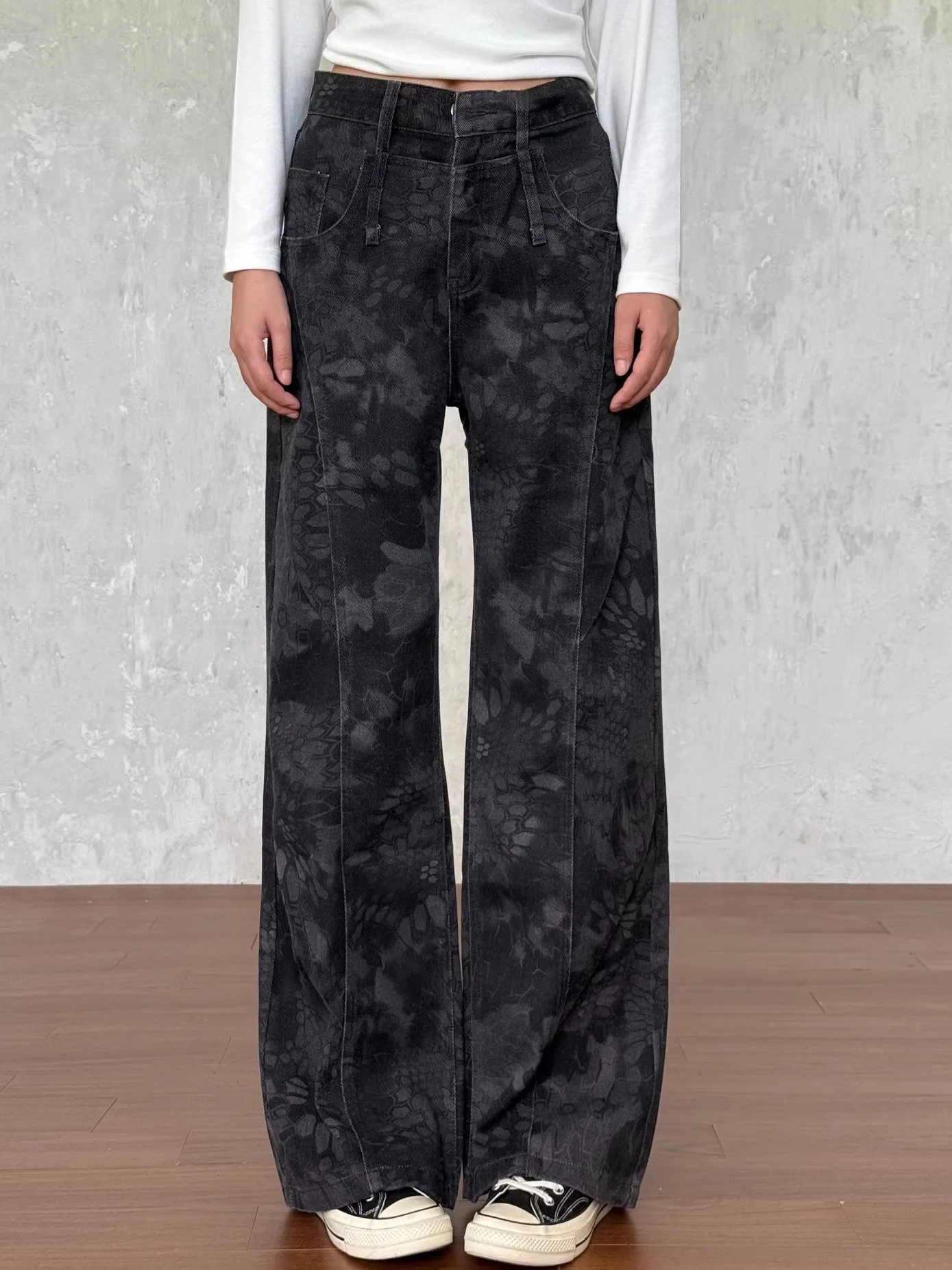 

VintageTang Широкие джинсы с высокой талией Женские свободные повседневные длинные брюки с принтом Bla ey Повседневная хлопковая джинсовая ткань