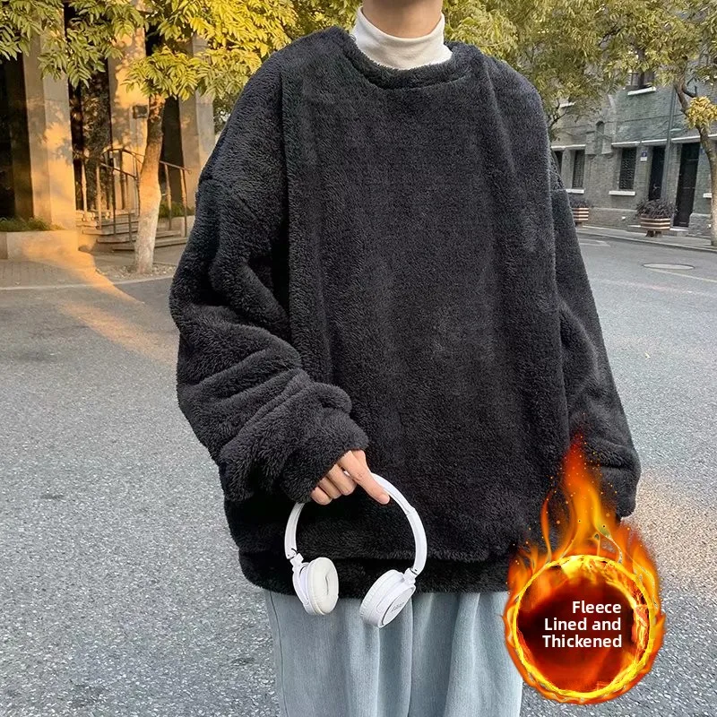 Men's Autumn Winter Thiened Fce Lined Flannel Sweatirt Loose Fit Warm Casual Long Sve T-irt for Outdoor Wear