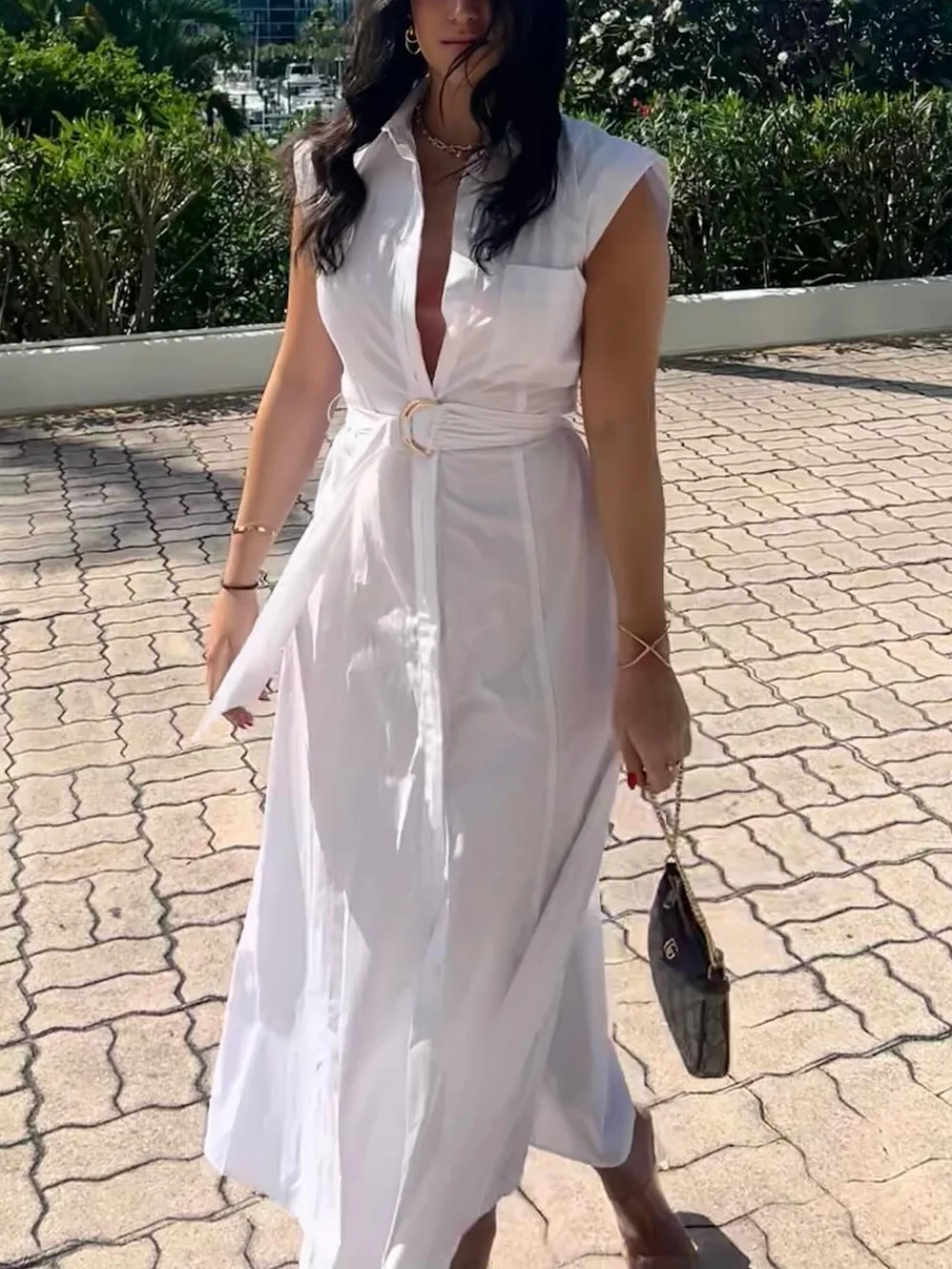 Women With Belt Lapel Collar Midi White Dress Summer Female Sexy Sleeveless High Street Dresses 2024 New