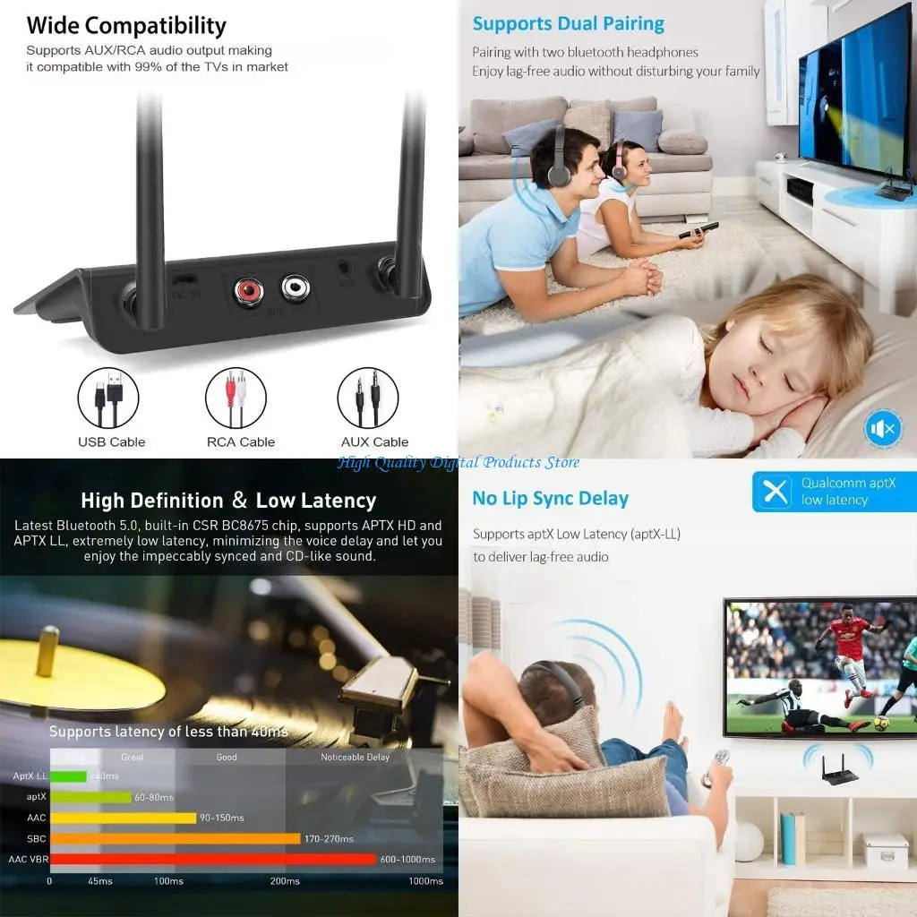 

U2JE Bluetooth-compatible 5.0 Transmitter Receiver CSR Wireless aptx Audio-Auto on Adapter RCA AUX 3.5mm aptX LL Low Latency