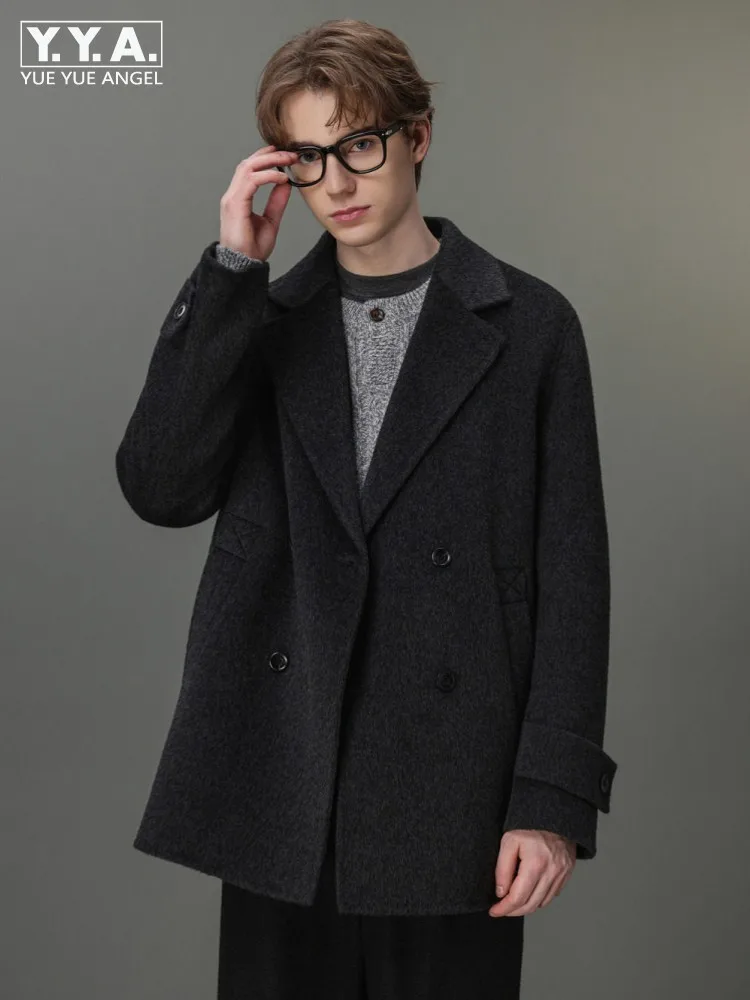 Mens Autumn Winter High Quality 100% Wool Mid Long Jacket Double Breasted Warm Double Faced Woolen Blends Coat Work Outerwear