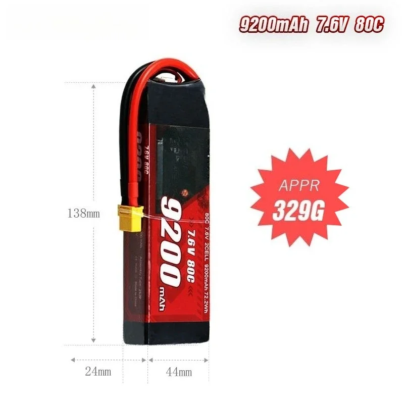 7.6V 2S 9200mAh 80C Medium Rate Lipo Battery Rechargeable XT60 T Plug Special For RC Model Car Racing Truck Vehicle
