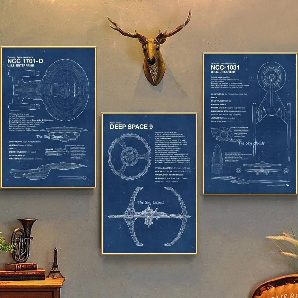 Spaceship Blueprint Star Trek Poster Self-adhesive Art Waterproof Paper Sticker Coffee House Bar Room Wall Decor