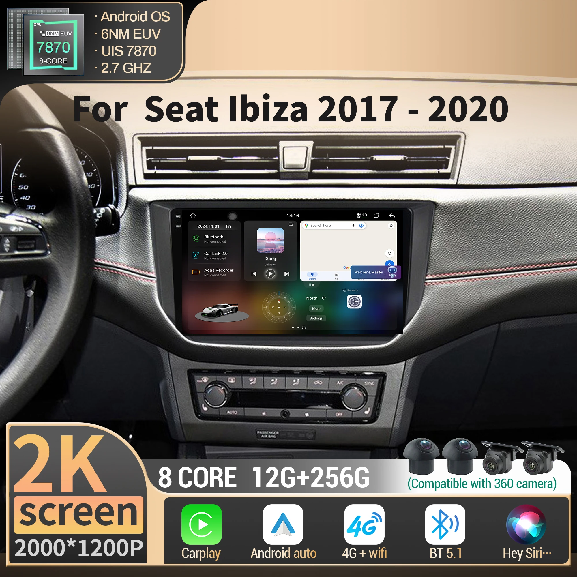 Navigation For Seat Ibiza 2017 2018 2019 2020 Car Radio Multimedia Wireless BT Carplay 4G GPS CPU 7870 2K QLED Screen Stereo