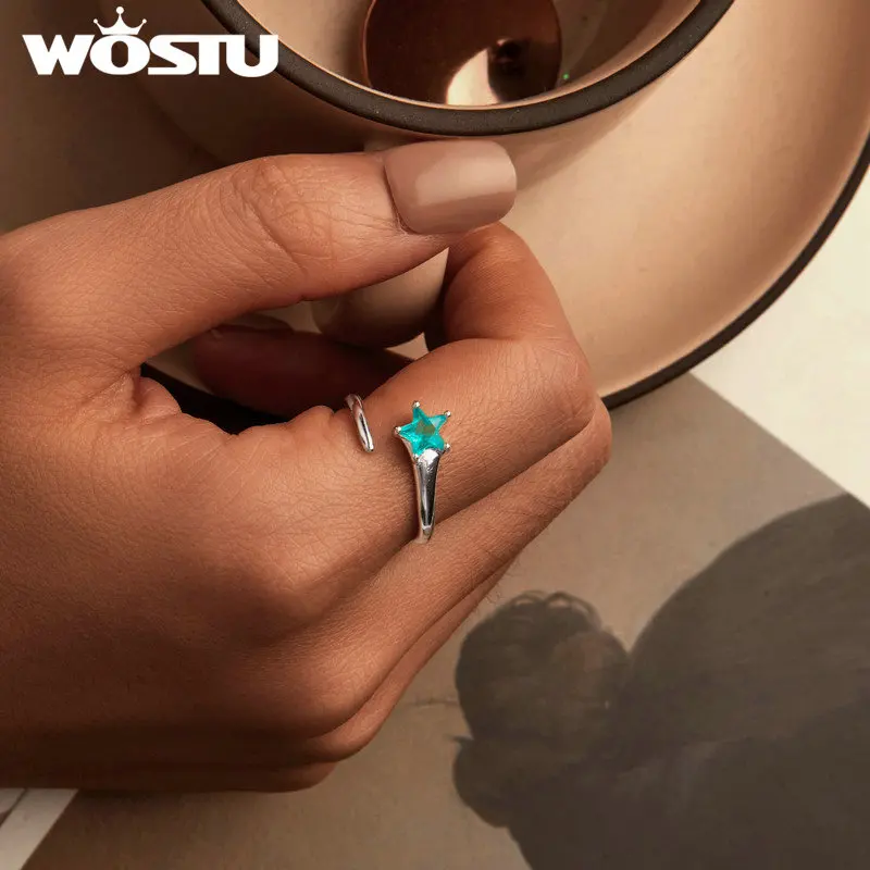 WOSTU 925 Sterling Silver Green Star Opening Ring For Women Shiny Zircon Party Stackable Adjustable Ring Girl Birthday Gift R535