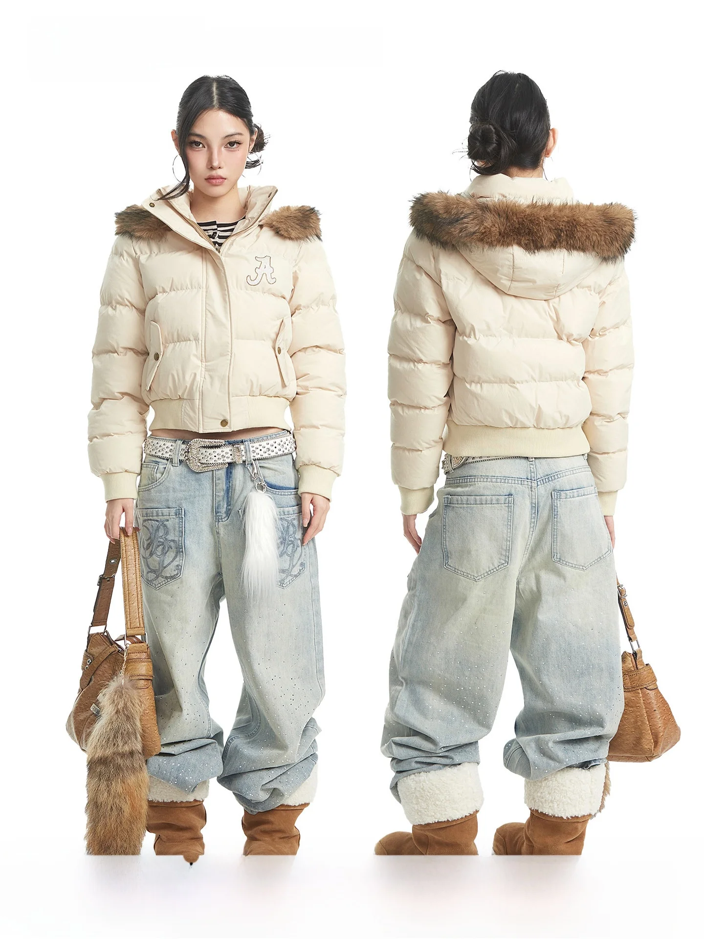 

UNCMHISEX American Letter Collar ort down Jaet Women's Winter Loose Thi Warm Hooded Coat Casual Sle Polyester Fiber