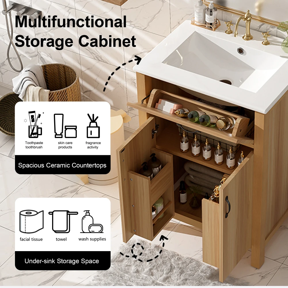 Orraves 48 Inch Freestanding Bathroom Vanity, Solid Wood Frame, Integrated Sink, Flip Drawer, 4 Soft-Close Doors, Adjustable Shelf, Bathroom Storage Cabinet