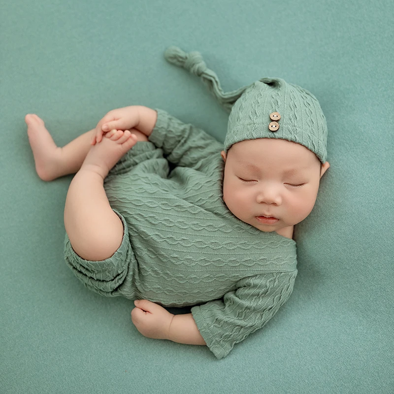 2 Pcs/Set Baby Hat Romper Newborn Photography Knitted Clothes 0-1m Baby Green Texture Outfit Square Stool Decoration Carpet Prop