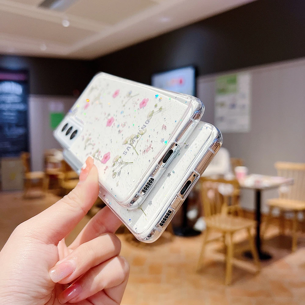 for Samsung Galaxy S26 S24 S25 S23 S22 S21 FE Ultra Plus Note20 Case Real Dry Flower Glitter Clear Epoxy Cover Crystal TPU Shell