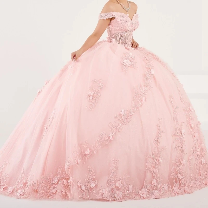 

Pink Quinceanera Dress 3D Flower Sweet 16 Birthday Party Gown Sweetheart Applique Tulle Princess Pageant Vestidos De 15 Años