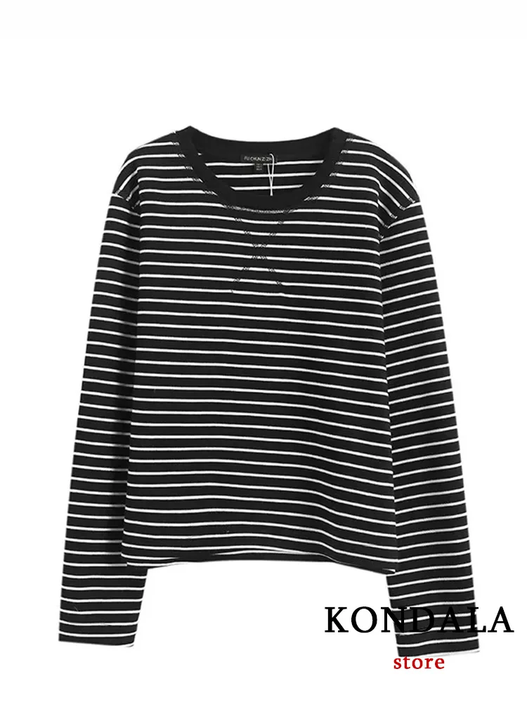 KONDALA Vintage Striped Print Chic Women Bottoming Shirt Long Sleeve O-Neck Regulai Fit Shirt Fashion 2023 Spring Blouses Tops