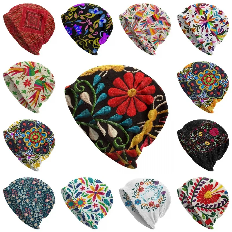 Mexican Butterflies And Flower Pattern Beanie Cap Unisex Winter Bonnet Knitting Hats Outdoor Otomi  Art Skullies Beanies Caps