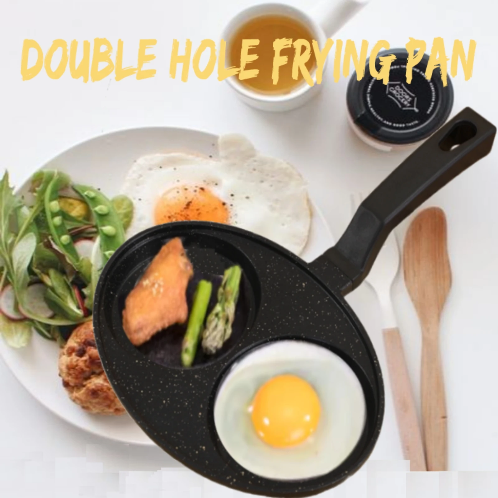 Doppelloch-Spiegelei-Pfanne mit langem Griff, Antihaftbeschichtung, koreanischer Stil, Hamburger-Frühstücksmaschine, Omelett, medizinischer Steintopf
