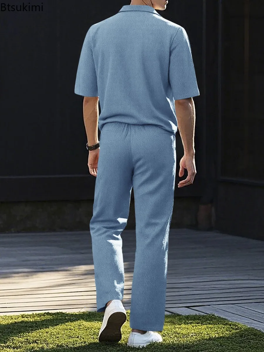New 2025 Men's Spring Summer Retro Casual Sports Outfit Solid V-neck Half Sleeve Shirt Loose Trousers Two Pieces Beach Suit Male