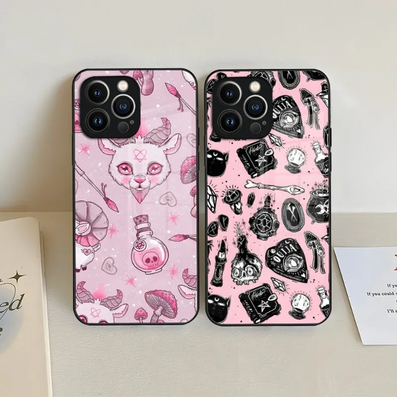 Pink Cat Skull Sorceress Witch Phone Case Tempered Glass For IPhone 14 12 13 11 Pro XS Max Plus Mini X XR 8 7 6s SE2020 Cover