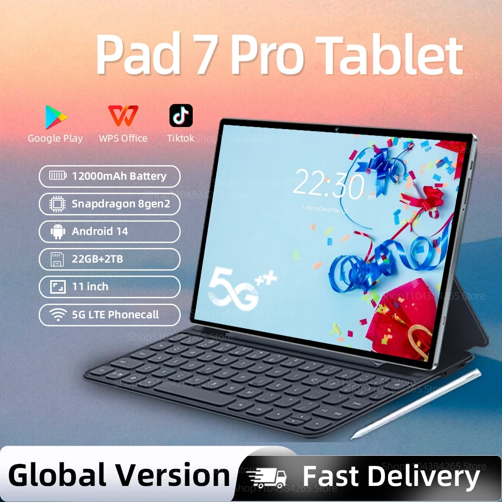 패드 7 프로 안드로이드 14 태블릿 스냅드래곤 8gen2 GPS WPS 5G 듀얼 SIM 22TB+2TB 와이파이 블루투스 HD 4K 12000mAh 글로벌 버전 태블릿 PC
