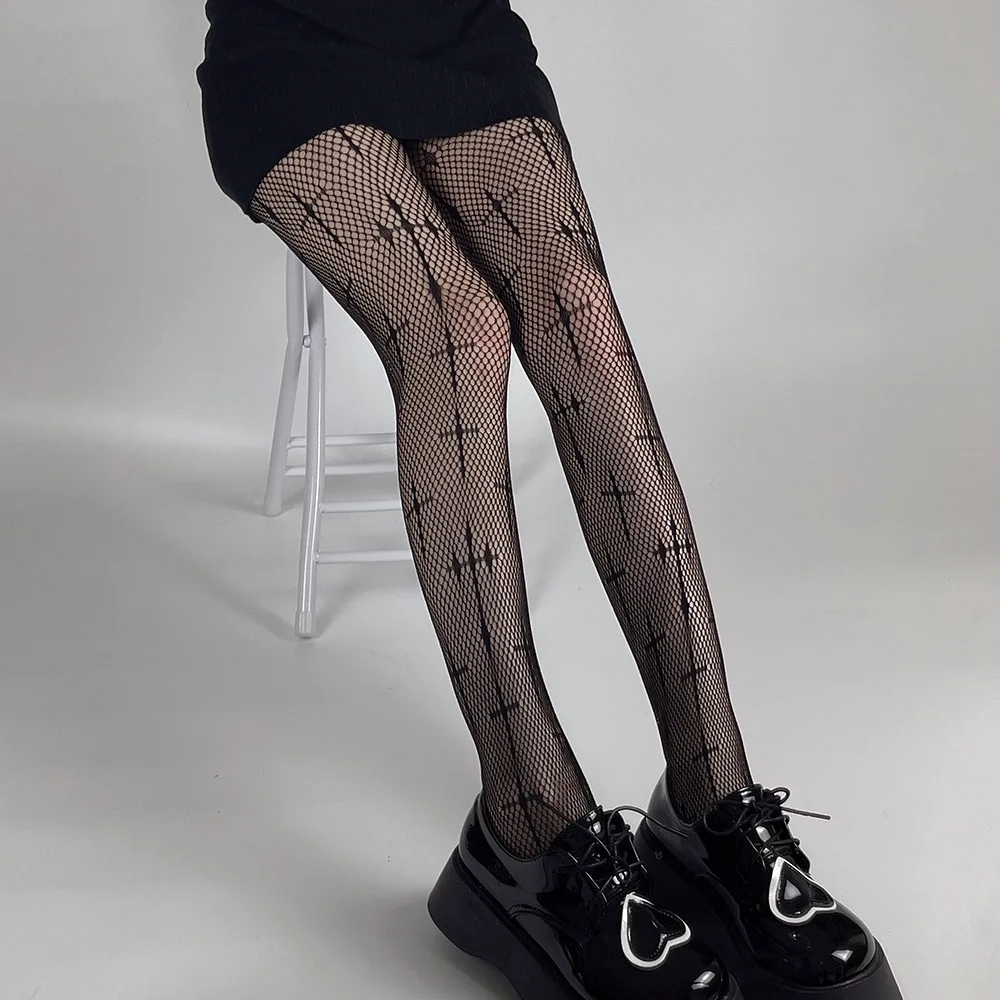Sexy schwarze Netzstrümpfe für Frauen, aushöhlen, Netzstrumpfhose, Gothic-Spitze, transparent, lange Strumpfhosen, Damenmode-Accessoire