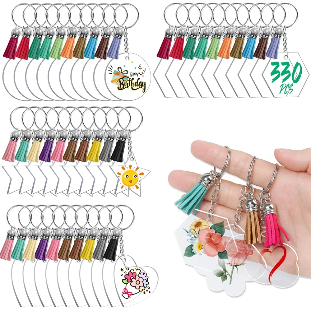 330pcs Acrylic Keychain Blanks 4 Shapes Clear Acrylic Blanks for vinyl bulk Key Chain Tassels Chain Rings for DIY Keychain